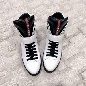 NIB Authentic Prada Nappa Sports Laceup High Top Leather Sneakers White 38.5